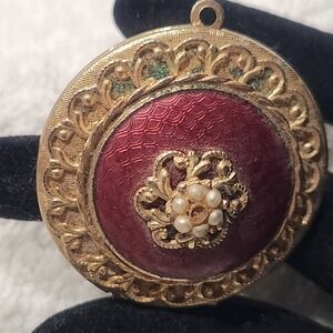 Vintage Red Guilloche Enamel Locket Pendant Faux Pearl Gold Tone Round 1.25 Inch